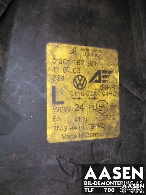 Frontlykt venstre halogen til VW Sharan 2000-2010 (Type I, Fase 2) (AUTOMOTIVE LIGHTING|7M3941015AD|0301182201|)