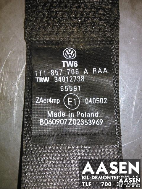 Sikkerhetsbelte foran høyre til VW Touran 2007-2010 (Type I, Fase 2)  (TRW|1T1857706A|)