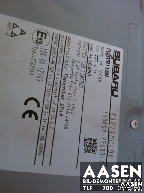 Bilstereo navigasjon til Subaru Forester 2013-2019 (Type IV)  (FUJITSU|86271SG490|)