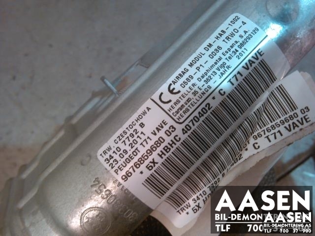 Airbag gardin høyre til Peugeot 308 2011-2013 (Type I, Fase 2)  (9676859680 03|)