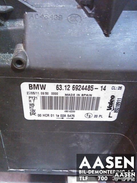 Frontlykt venstre halogen til BMW 1-Serie 2004-2011 (E81/E82/E87/E88) (E81/E82/E87/E88) (VALEO|63 12 6 924 485|63.12 6924485-14|)