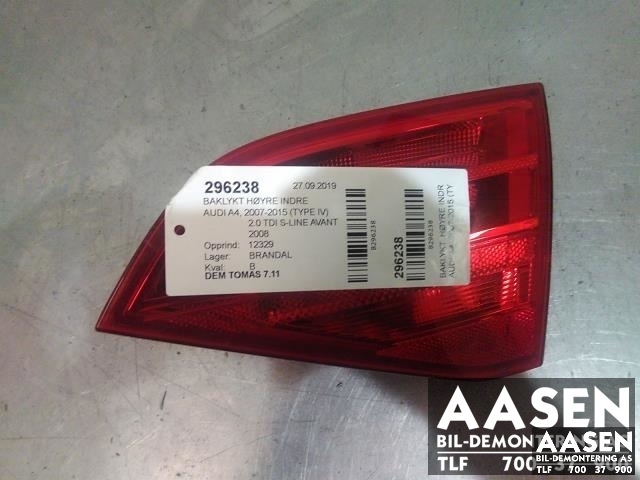 Baklykt høyre indre til Audi A4, 2007-2014 (Type IV) (B8) (B8) (8K9 945 094)