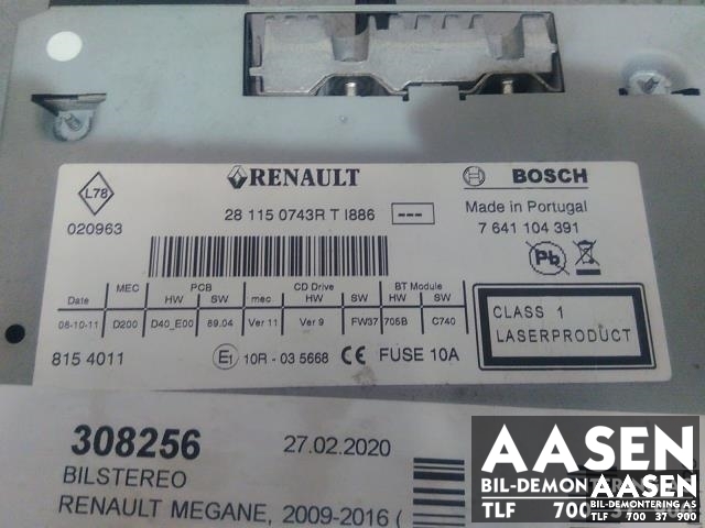 Bilstereo til Renault Megane 2009-2016 Type III (BOSCH|281150743R|7641104391|)