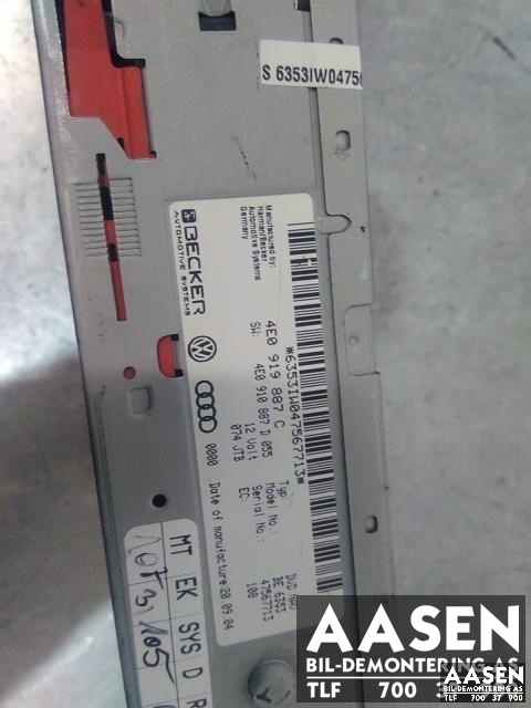 Bilstereo navigasjon til Audi A6 2005-2008 (Type III, Fase 1) (C6) (C6) (BECKER|4E0919887C|)