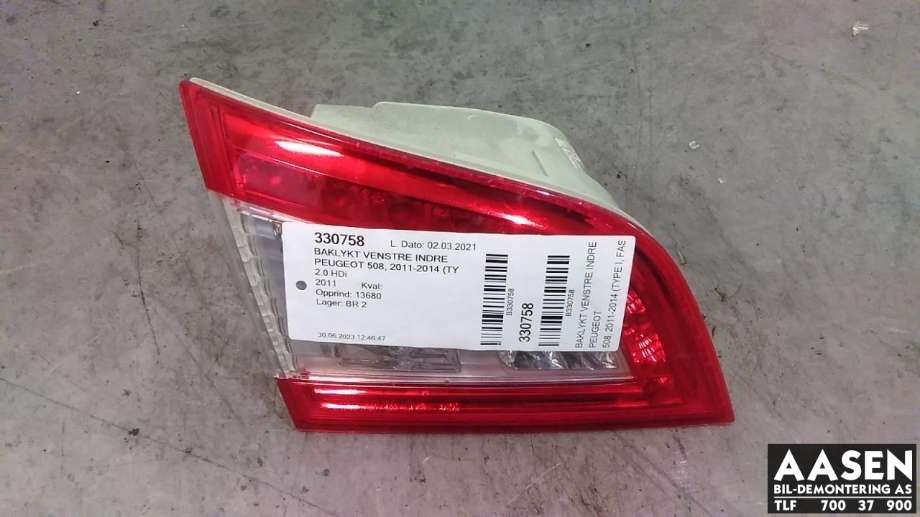 Baklykt venstre indre til Peugeot 508, 2011-2014 (Type I, Fase 1)  (6350 LZ)