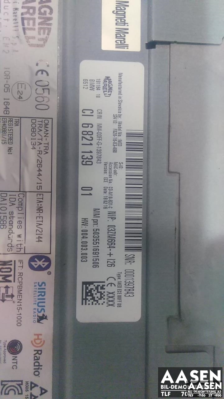 Bilstereo, med DAB til BMW 1-Serie 2015-2019 (Fase 2) (F20/F21) (F20/F21) (MAGNET MARELLI|65 12 9 459 862|682113901|)