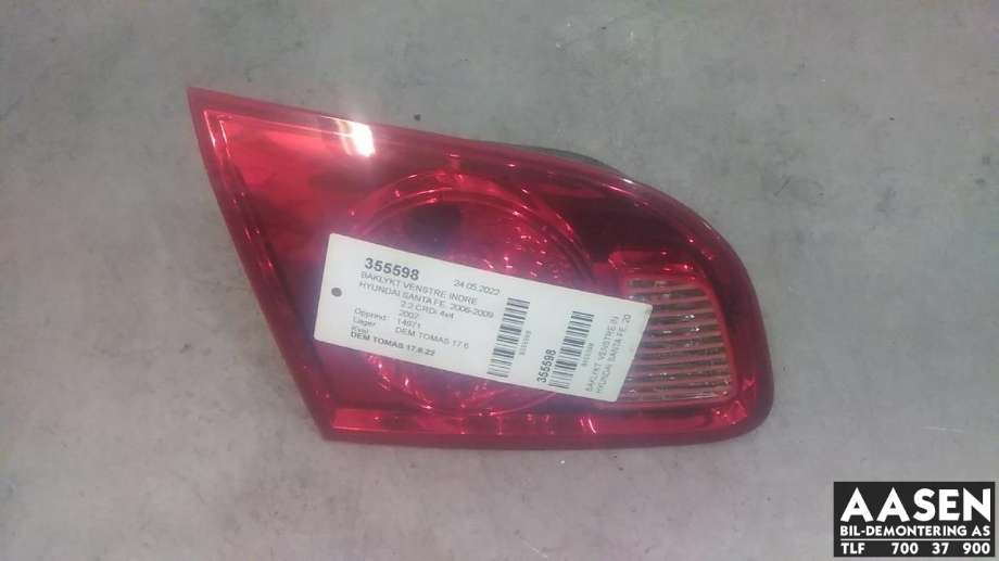 Baklykt venstre indre til Hyundai Santa Fe, 2006-2009 (Type II, Fase 1)  (92405 2B020)