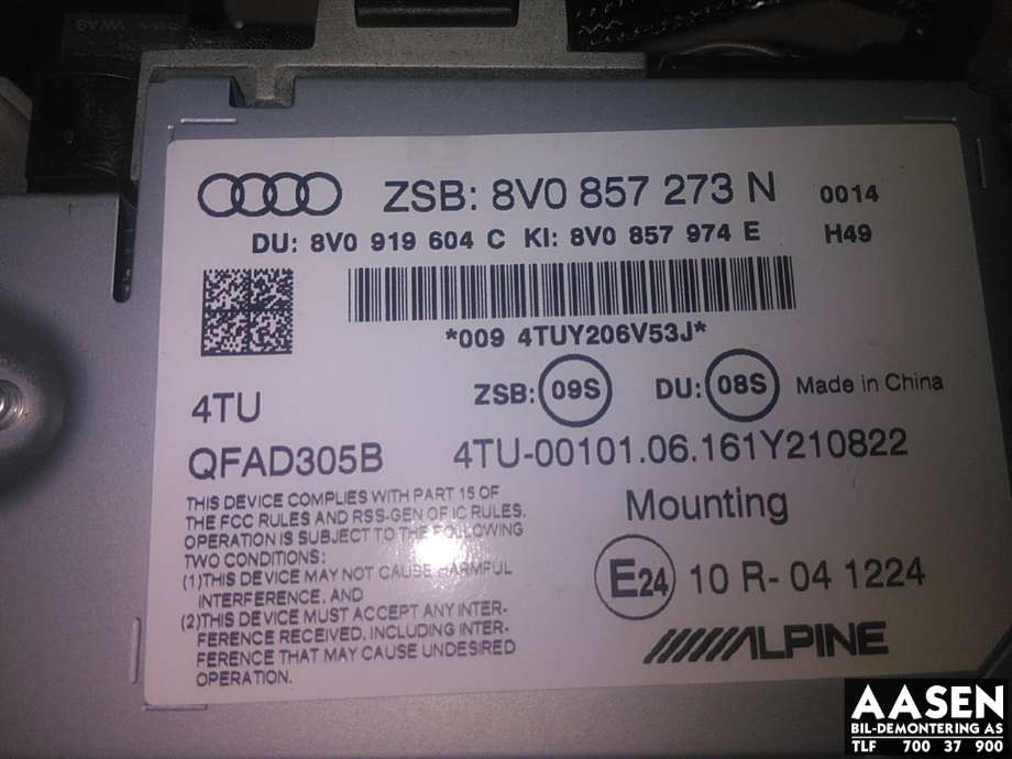 Bilstereo navigasjon skjerm til Audi A3 2012-2016 (Type III, Fase 1) (8V0 857 273 N|8V0 919 604 C|)