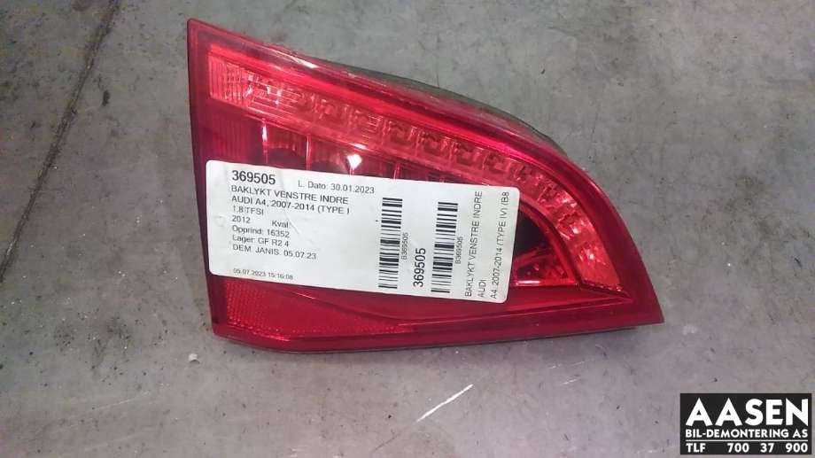 Baklykt venstre indre til Audi A4, 2007-2014 (Type IV) (B8) (B8) (8K9 945 093 E)
