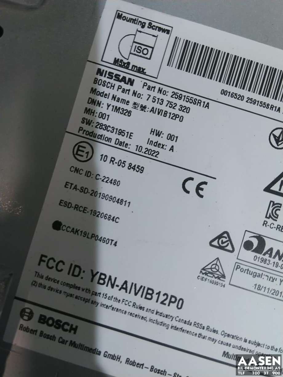 Bilstereo, med DAB til Nissan Leaf 2018-->> (Type II)  (BOSCH|259155SR1A|)
