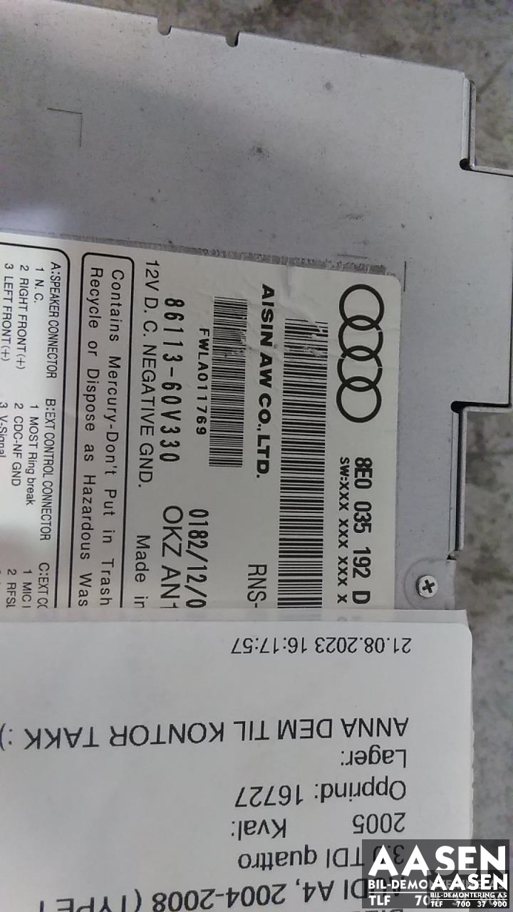 Bilstereo til Audi A4 2004-2008 (Type III) (B7) (B7) (AISIN|8E0 035 192 T|)
