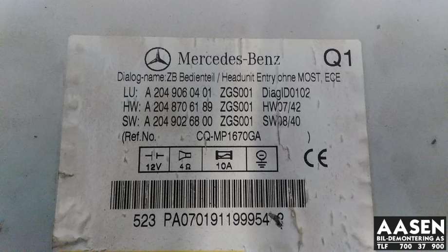 Bilstereo til Mercedes C-Klasse 2007-2011 (Fase 1) (W204) (W204) (A 204 906 04 01|)