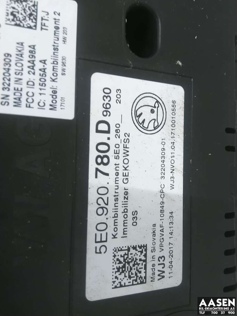 Instrumentpanel til Škoda Octavia 2017-2020 (Type III, Fase 2)  (5E0 920 780 D|)