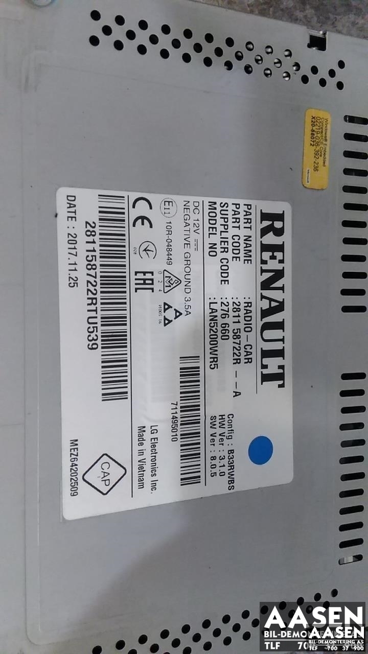 Bilstereo navigasjon skjerm til Renault Captur 2013-2020 (Type I) (281158722R-A|)