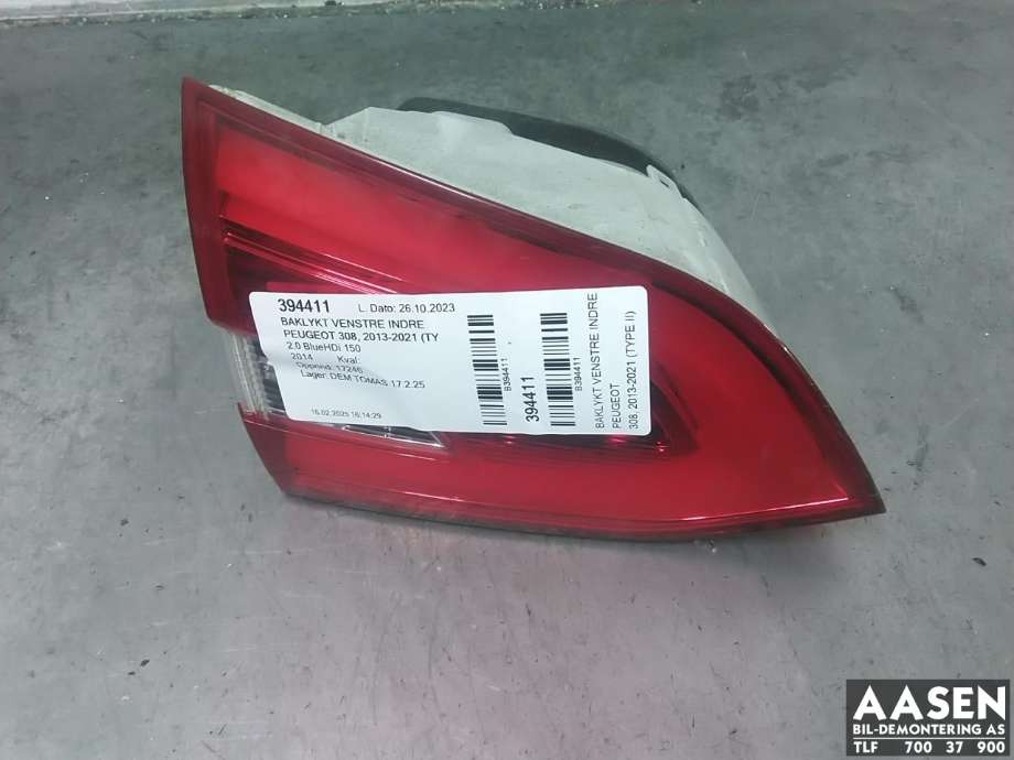 Baklykt venstre indre til Peugeot 308, 2013-2021 (Type II)  (96 780 980 80)