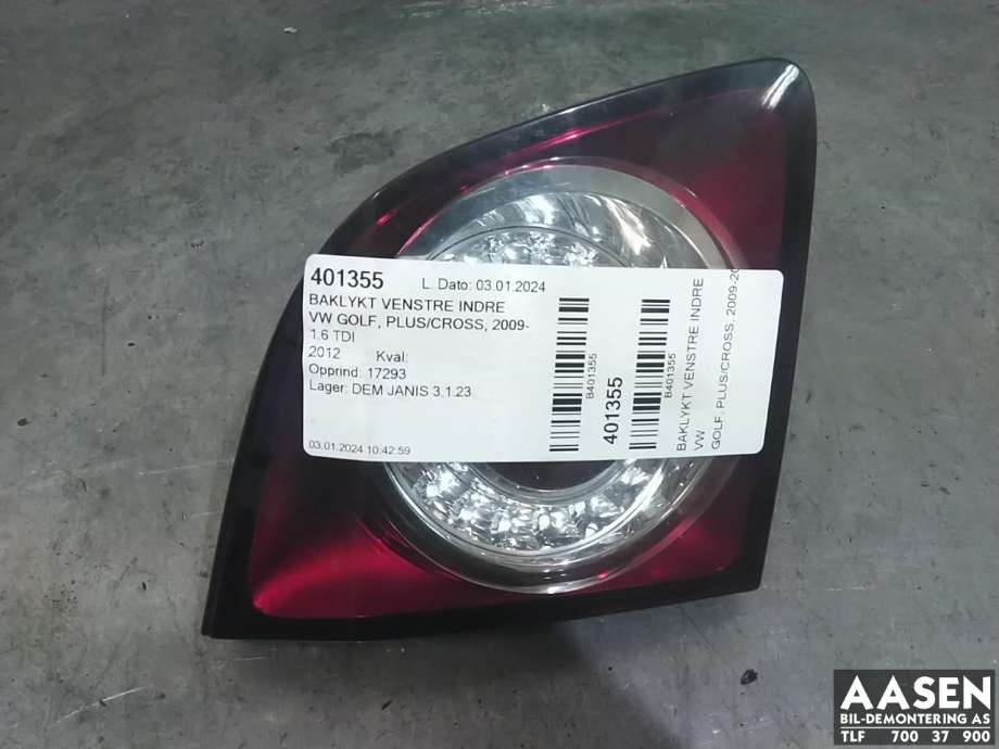 Baklykt venstre indre til VW Golf, Plus/Cross, 2009-2013 (Fase 2)  (5M0 945 093 M)