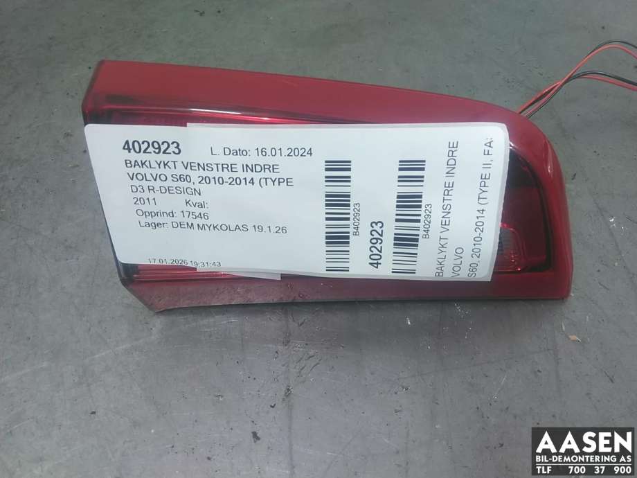 Baklykt venstre indre til Volvo S60, 2010-2014 (Type II, Fase 1)  
