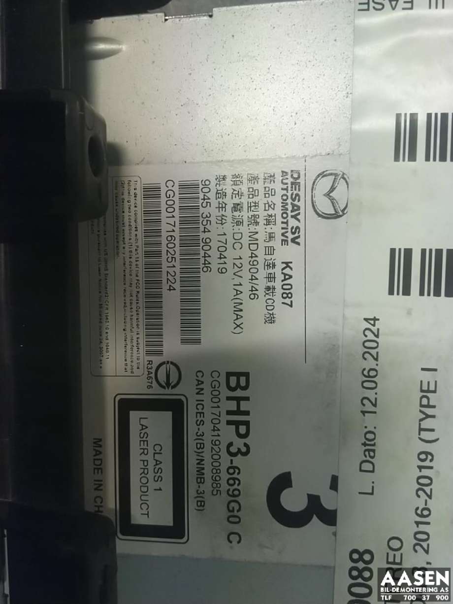 Bilstereo til Mazda 3 2016-2019 (Type III, Fase 2) (BAAR669C0G|)