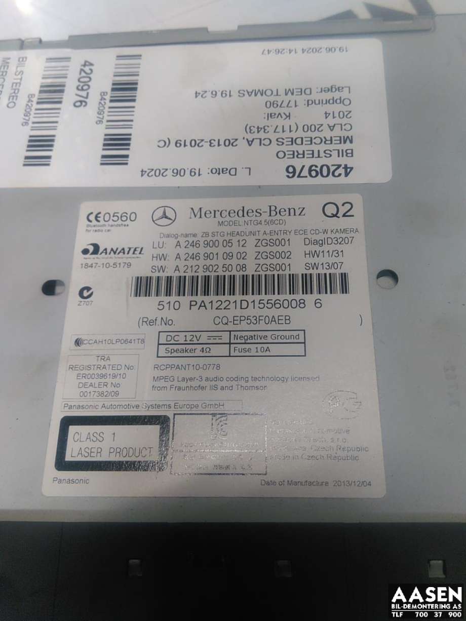 Bilstereo til Mercedes CLA 2013-2019 (C117) (C117) (A 246 900 05 12|)