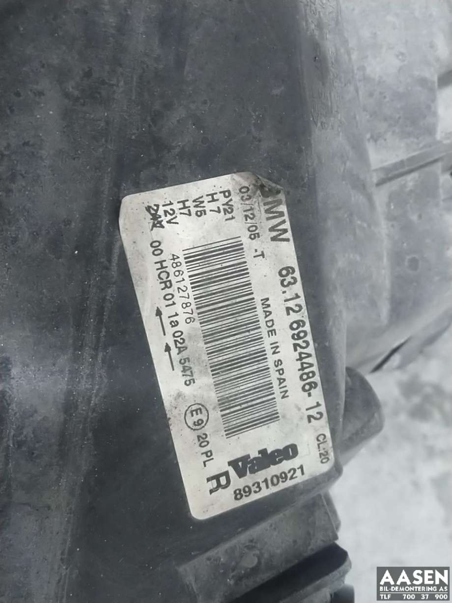 Frontlykt høyre halogen til BMW 1-Serie 2004-2011 (E81/E82/E87/E88) (E81/E82/E87/E88) (63 12 6 924 486|)
