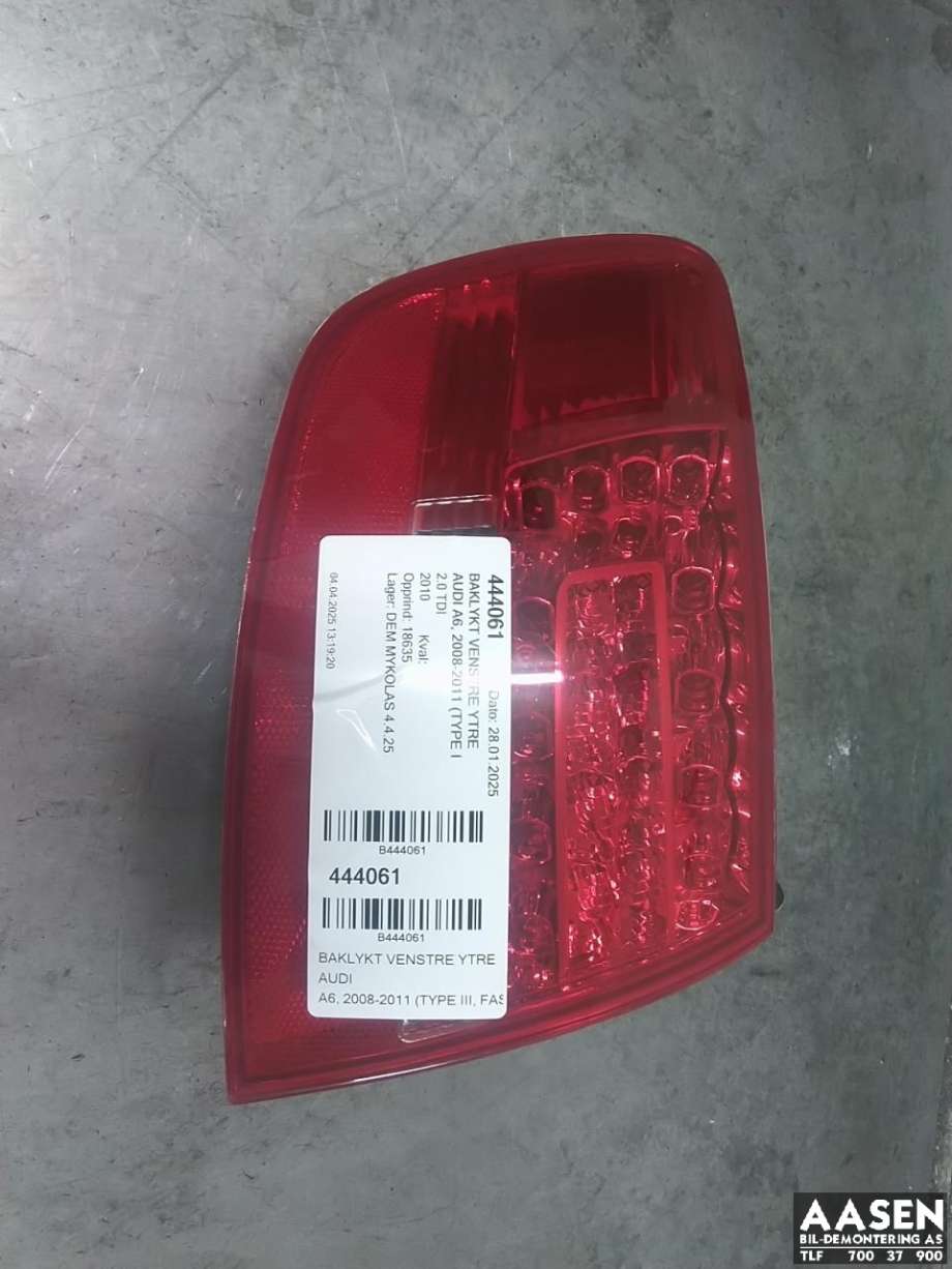 Baklykt venstre ytre til Audi A6, 2008-2011 (Type III, Fase 2) (C6) (C6) (4F9 945 095 E)