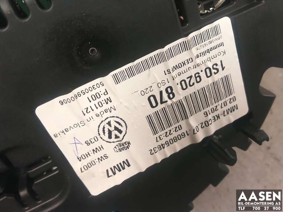 Instrumentpanel til VW Up 2012-2019  (1S0 920 870 C|1S0 920 870 CX|)