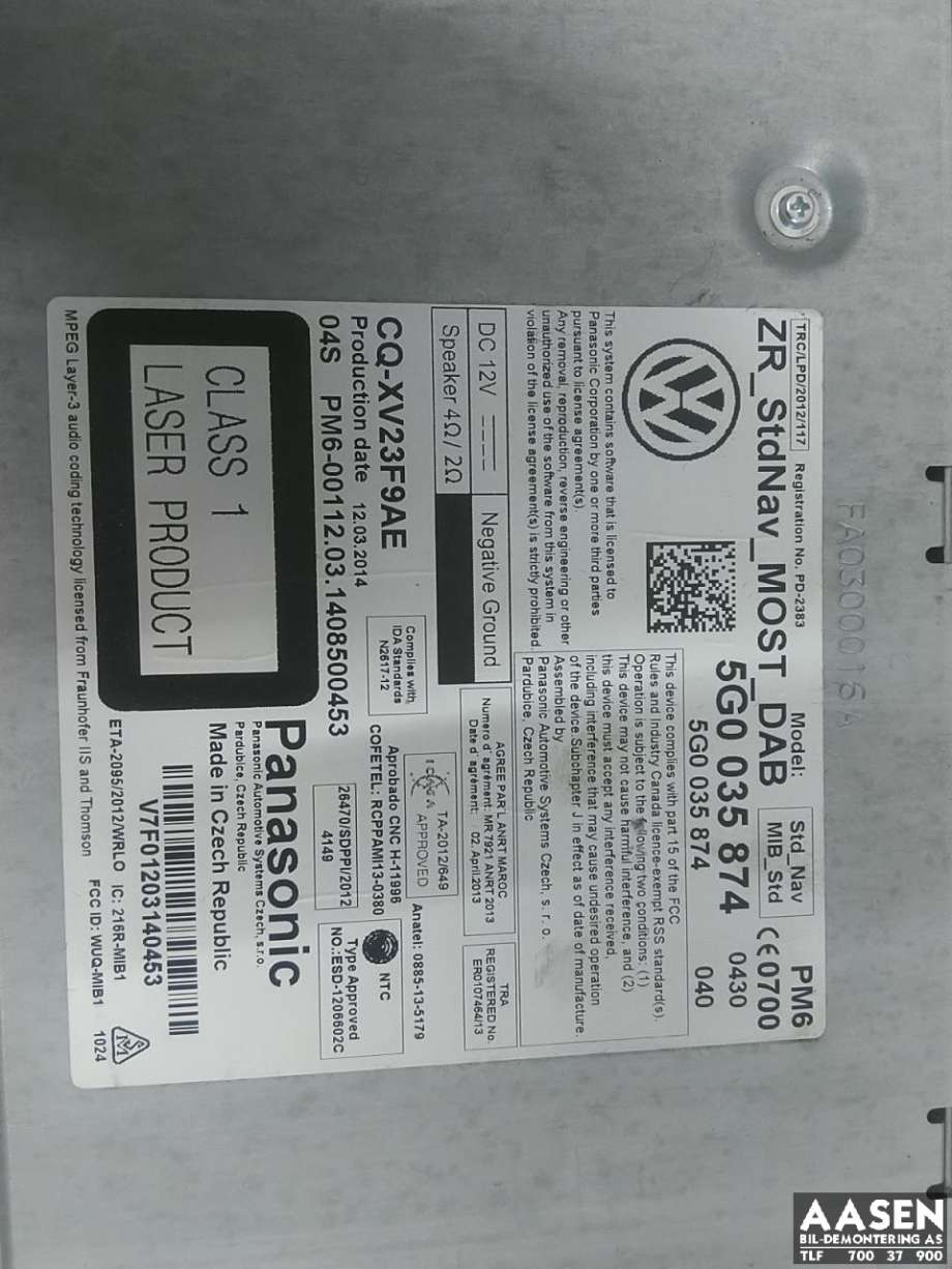 Bilstereo til VW Golf VII 2012-2017 (Fase 1) (5G0 035 874|5G0 035 874 X|)