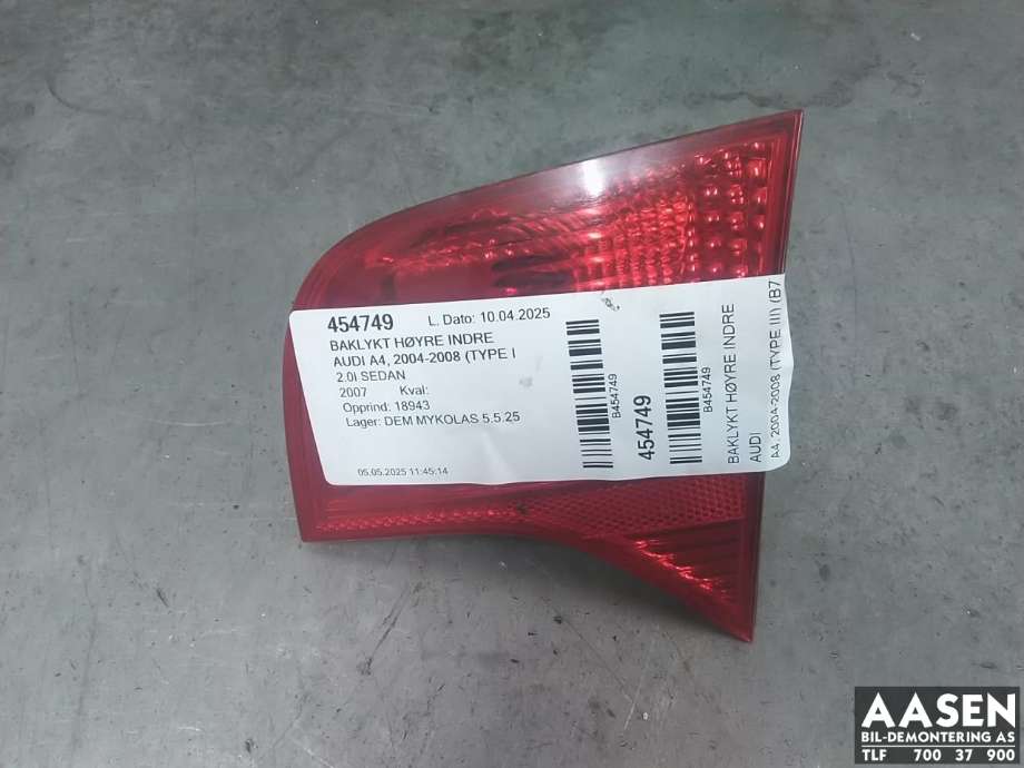 Baklykt høyre indre til Audi A4 2004-2008 (Type III) (B7) (B7) (8E5 945 094 A|)