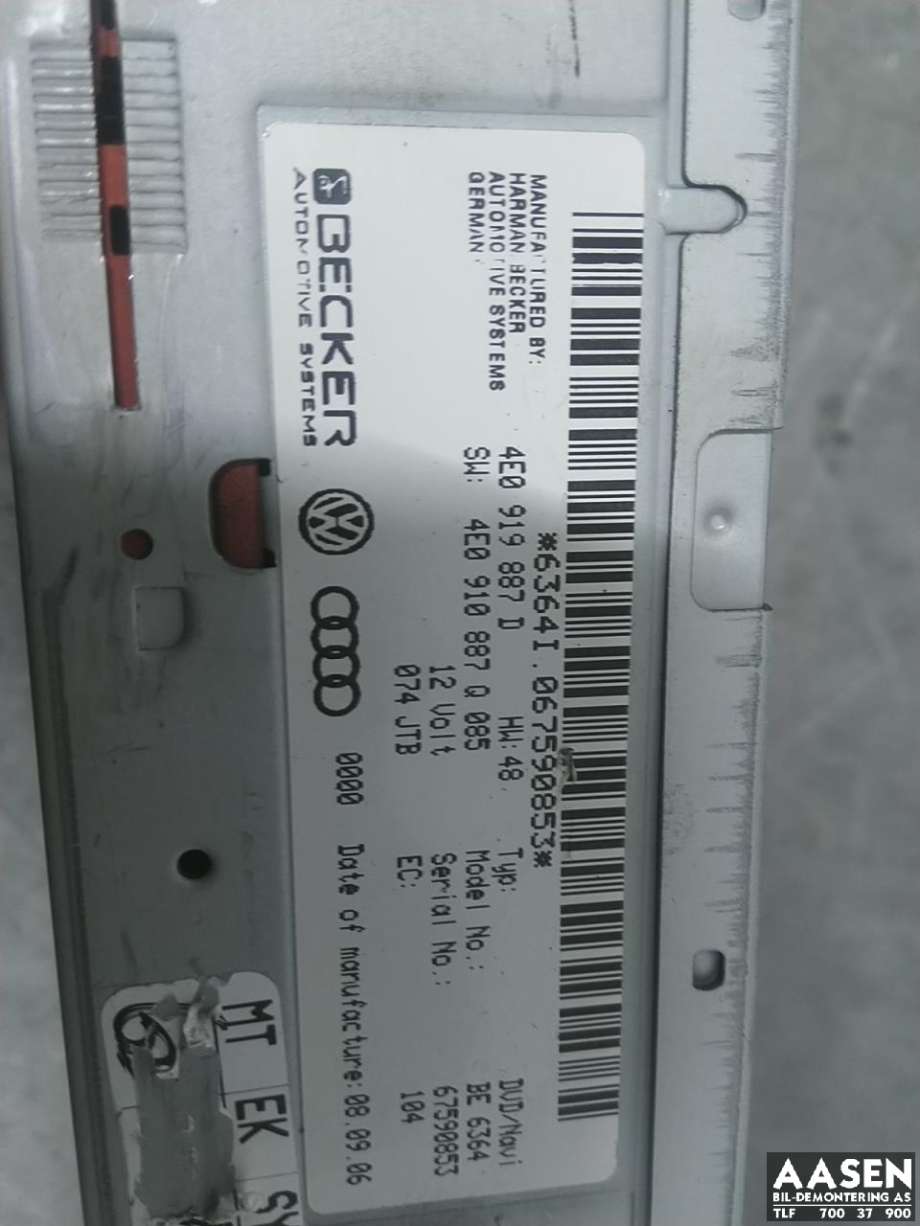 Bilstereo navigasjon spiller til Audi A6 2005-2008 (Type III, Fase 1) (C6) (C6) (4E0 919 887 D|4E0 910 888 PX|)