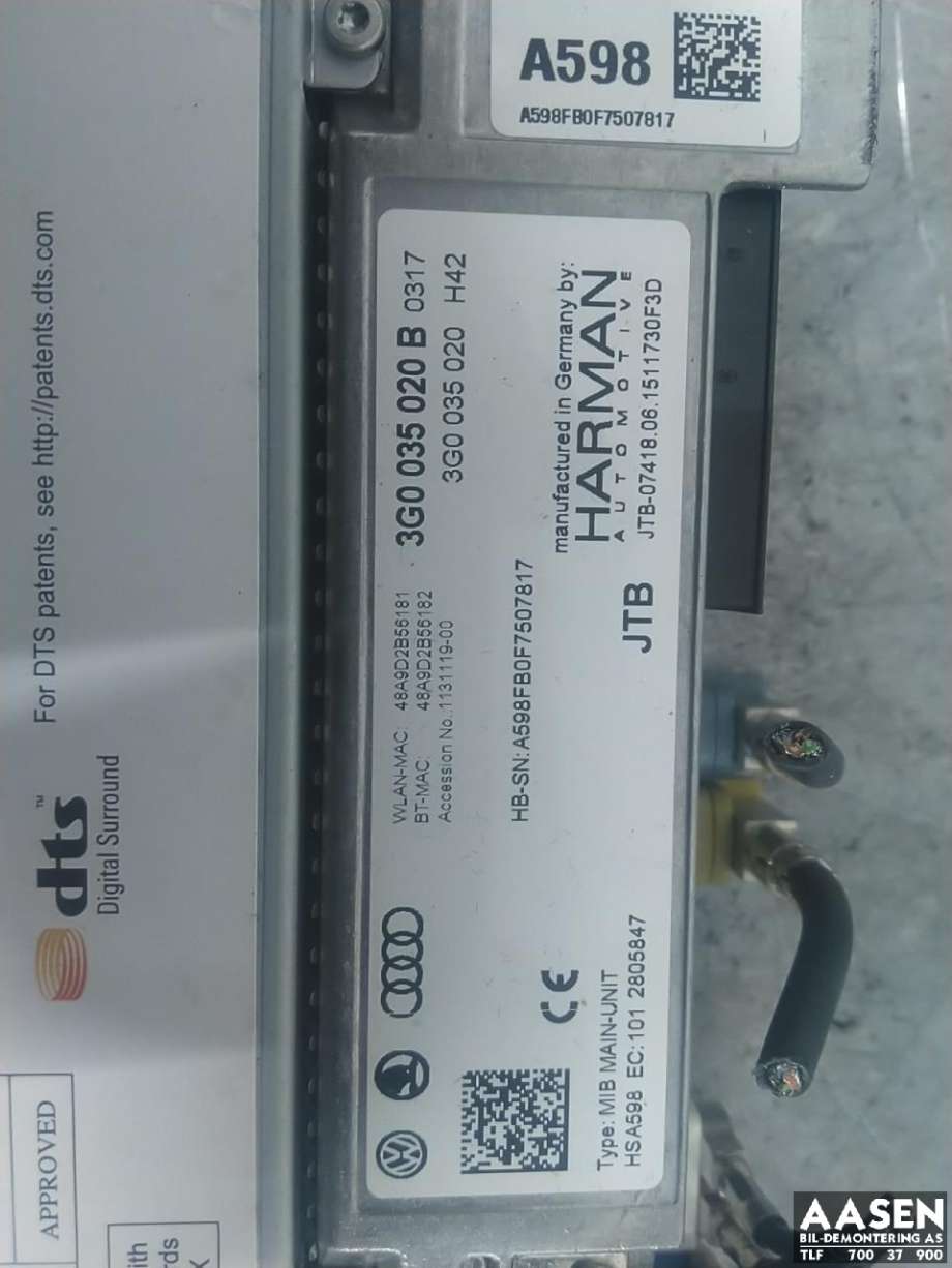 Bilstereo navigasjon spiller til VW e-Golf 2014-2017 (Fase 1)  (3G0 035 020 B|)