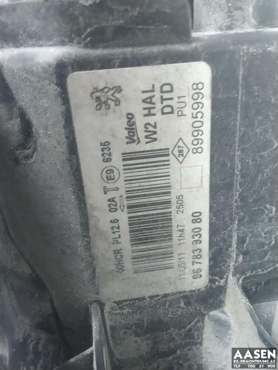 Frontlykt høyre xenon til Peugeot 508 2011-2014 (Type I, Fase 1)  (6206 W3|96 783 930 80|)