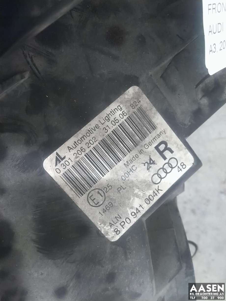 Frontlykt høyre halogen til Audi A3 2003-2008 (Type II, Fase 1)  (8P0 941 004 K|)