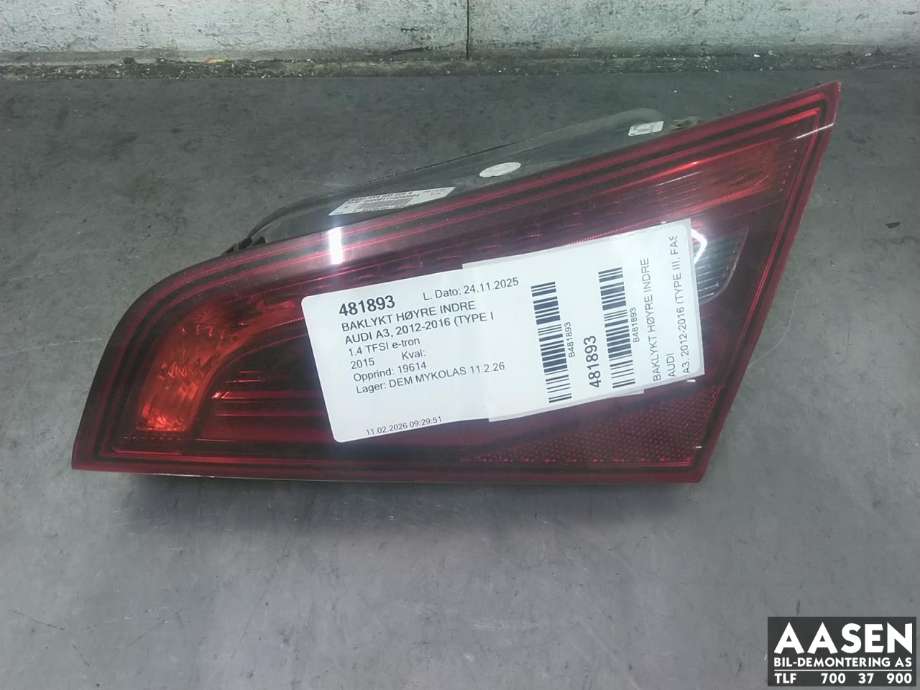 Baklykt høyre indre til Audi A3, 2012-2016 (Type III, Fase 1) (8V4 945 094 A)