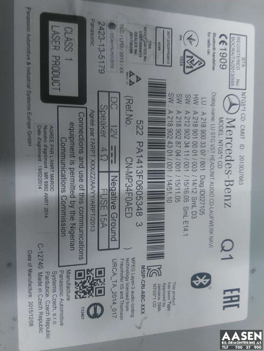 Bilstereo til Mercedes E-Klasse 2013-2016 (Fase 2) (W212) (W212) (A 218 900 33 07|A 218 900 63 07|)