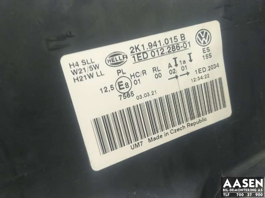 Frontlykt venstre halogen til VW Caddy 2015-2020 (Type III, Fase 3) (2K1 941 015 B|)
