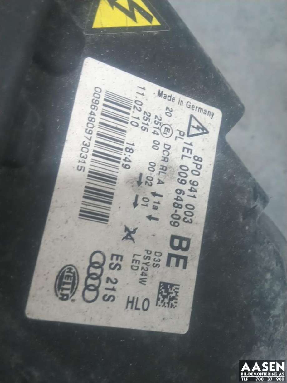 Frontlykt venstre xenon til Audi A3 2009-2012 (Type II, Fase 2) (8P0 941 029 BM|8P0 941 029 BQ|8P0 941 029 BT)
