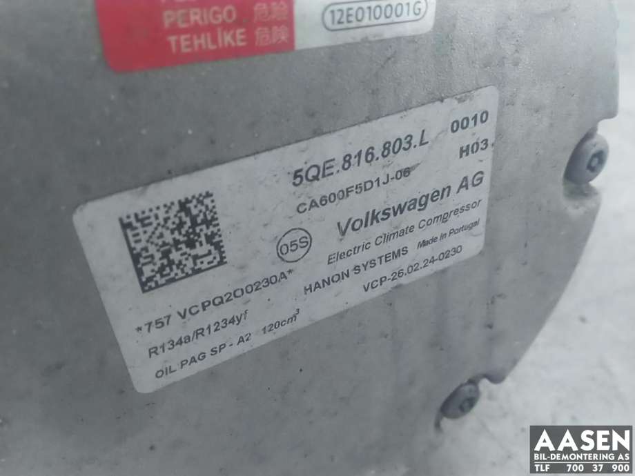 Aircondition kompressor hybrid til Audi A3 2012-2016 (Type III, Fase 1)  (12E 820 803 E|5QE 816 803 L|)