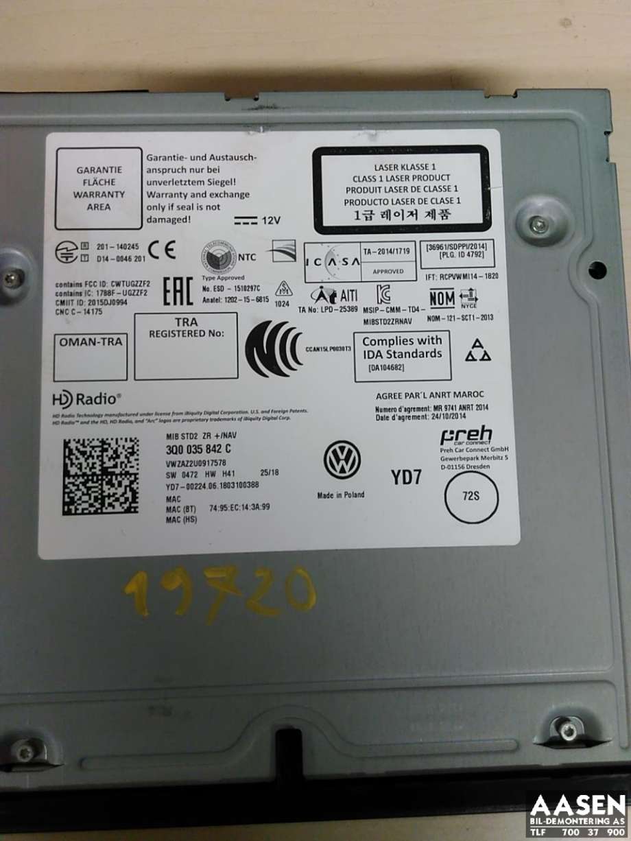 Bilstereo navigasjon spiller til VW Golf VII, 2017-2020 (Fase 2)  (3Q0 035 842 C)