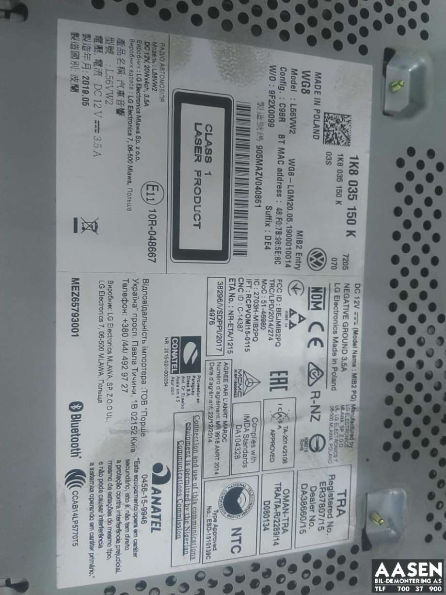 Bilstereo til VW Transporter / Caravelle 2019-->> (T6.1) (T6.1) (1K8 035 150 K|)