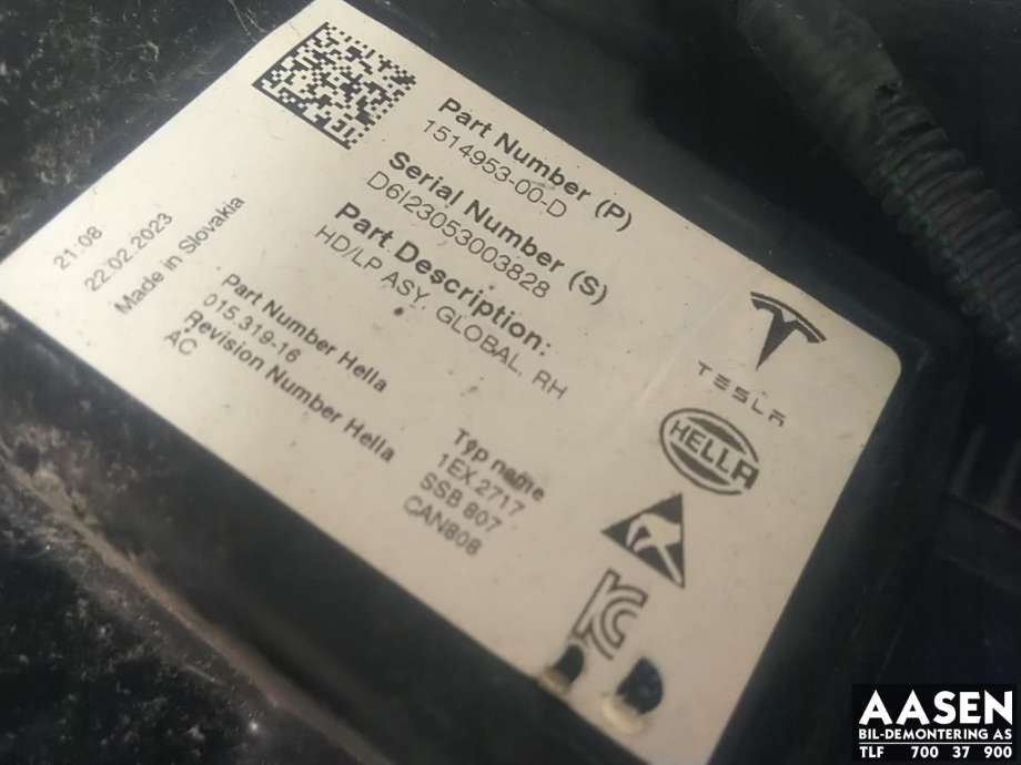 Frontlykt høyre full-LED til Tesla Model Y 2021-2024 (Type I) (1514953-00-D|)