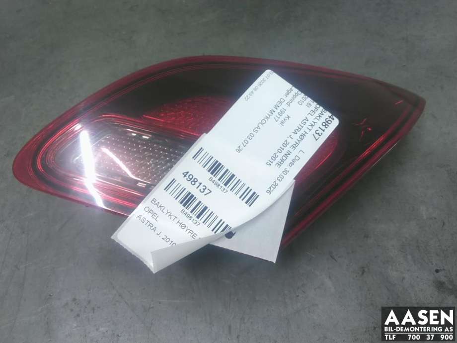 Baklykt høyre indre til Opel Astra J, 2010-2015  