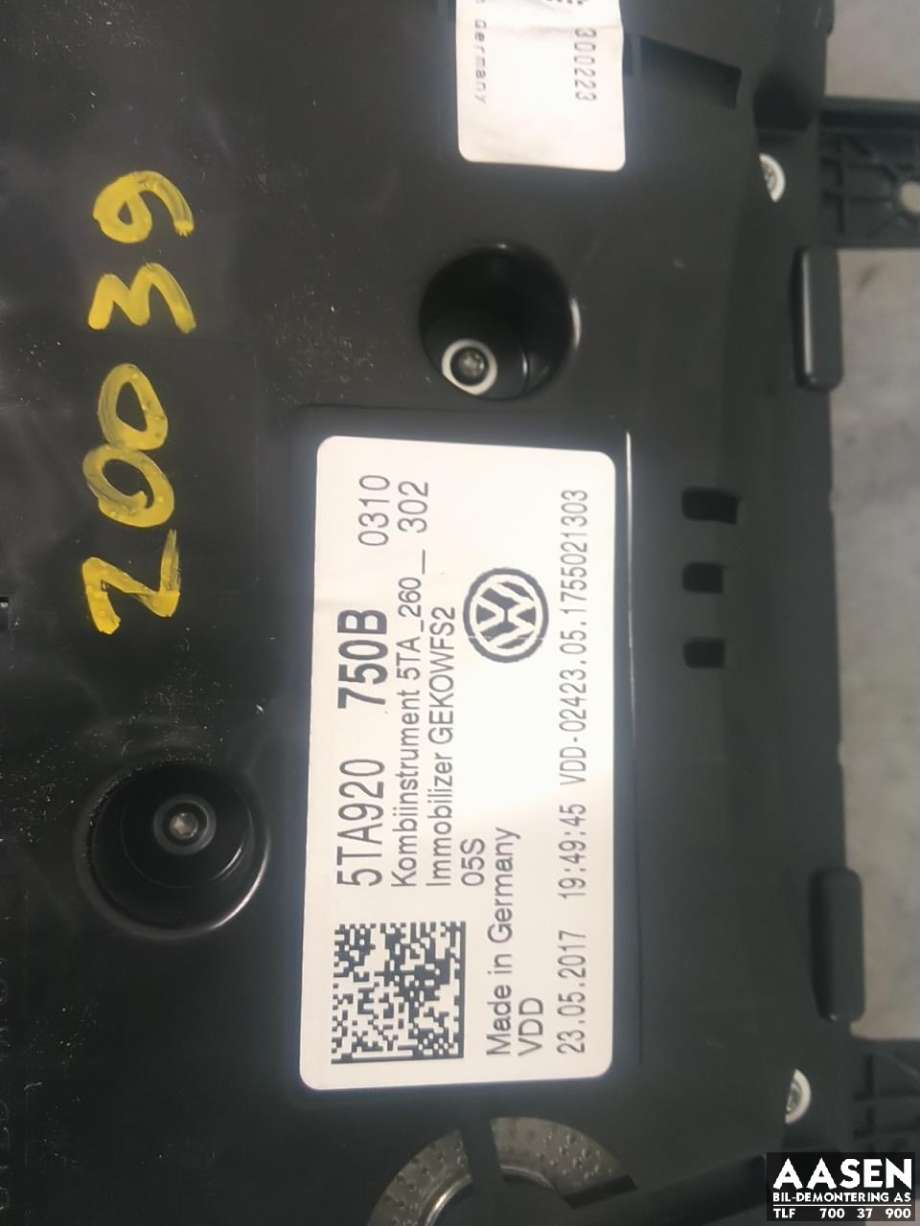 Instrumentpanel til VW Touran 2015-2021 (Type II)  