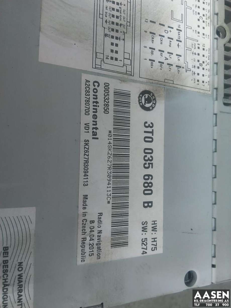 Bilstereo navigasjon skjerm til Škoda Superb 2008-2015 (Type II) (3T0 035 680 B|)