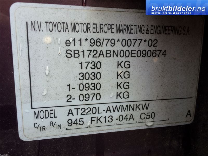 Toyota Avensis 2000-2003 (Type I, Fase 2) , Motorkode: 4A-FE, Girkassekode: 
