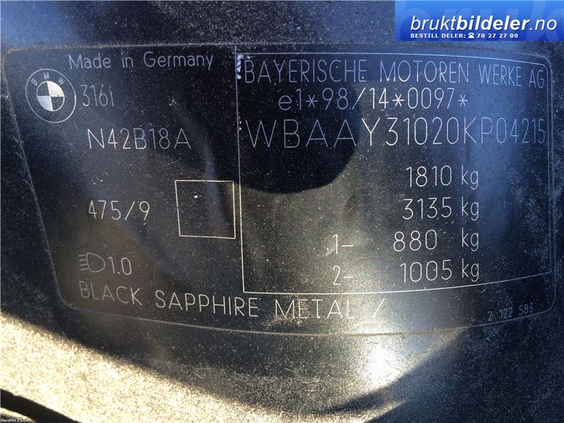 BMW 3-Serie 1998-2005 (E46) (E46), Motorkode: N42-B18, Girkassekode: 