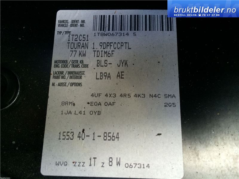 VW Touran 2007-2010 (Type I, Fase 2) , Motorkode: BLS;BXE, Girkassekode: JYK