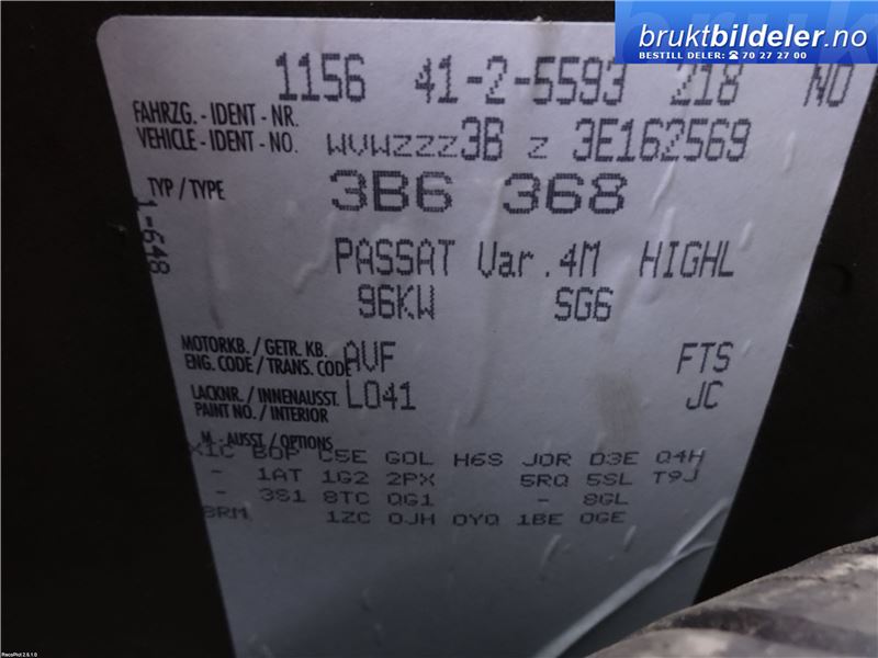VW Passat 2001-2005 (B5,3BG) (B5,3BG), Motorkode: AVF, Girkassekode: FTS