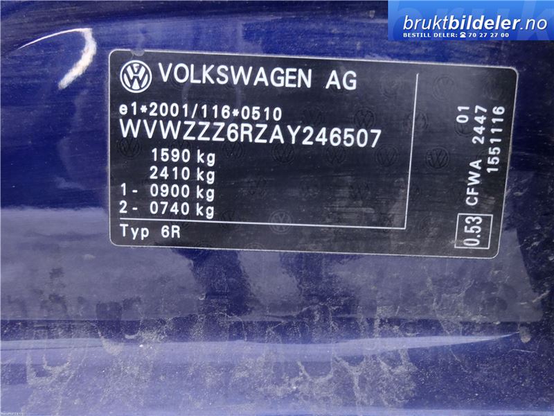 VW Polo 2009-2014 (Type V, Fase 1) , Motorkode: CFWA, Girkassekode: MNY