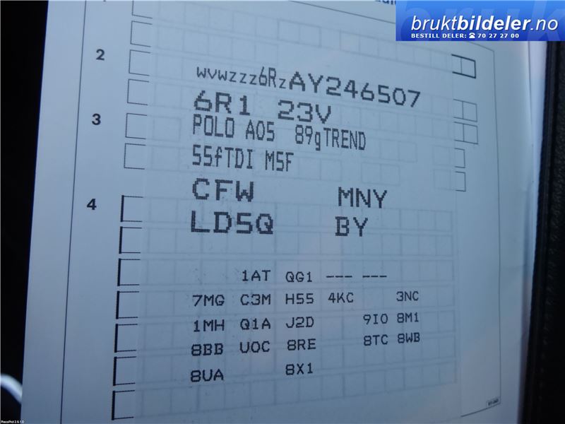 VW Polo 2009-2014 (Type V, Fase 1) , Motorkode: CFWA, Girkassekode: MNY