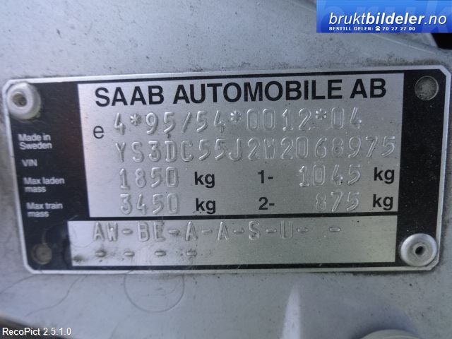 Saab 9-3 1998-2002 (Type I) , Motorkode: B204I, Girkassekode: FM53501